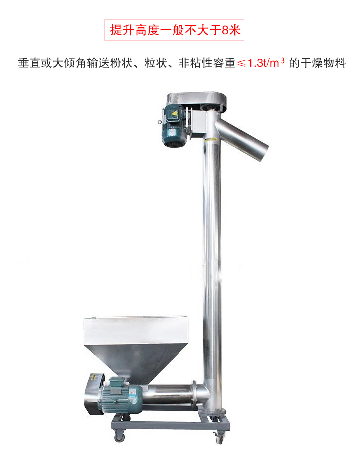 立式輸送機(jī)垂直或大傾角輸送粉狀、粒狀、非粘性容重≤1.3t/m   的干燥物料